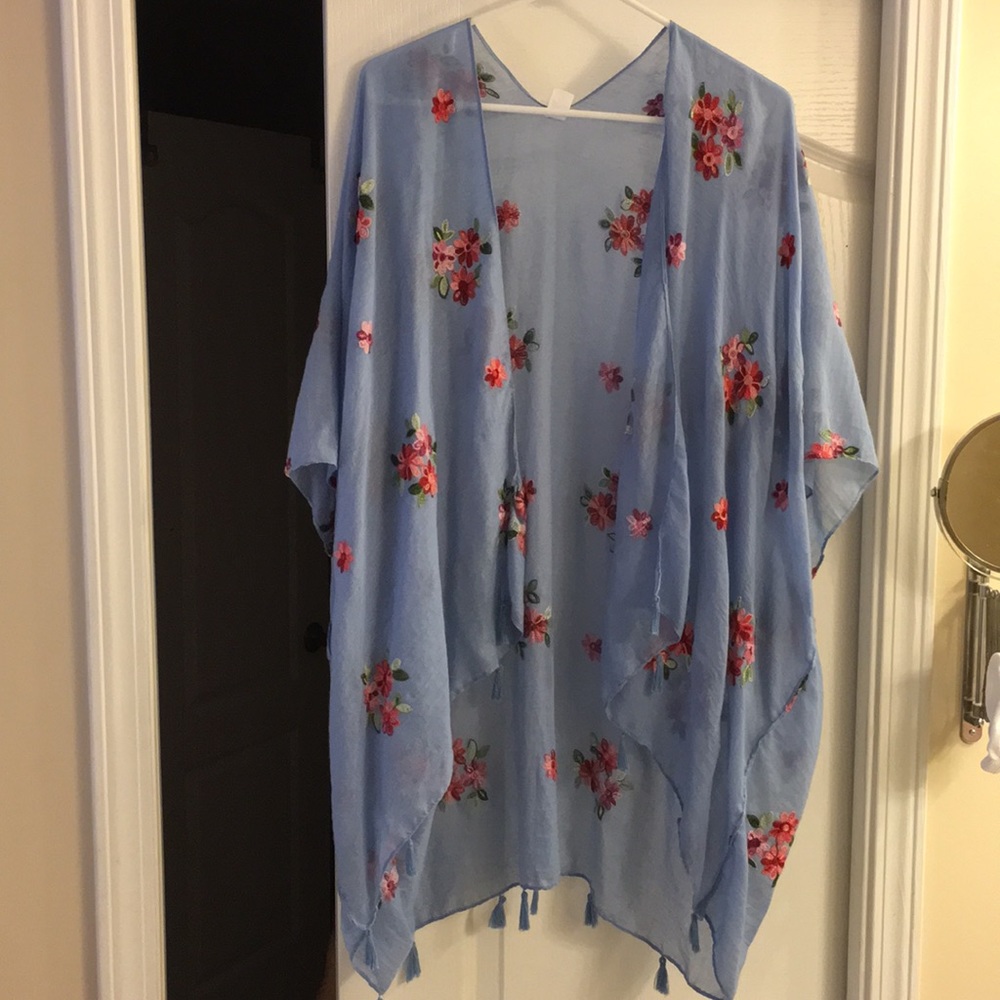 Beautiful blue cardigan cover up with embroidery